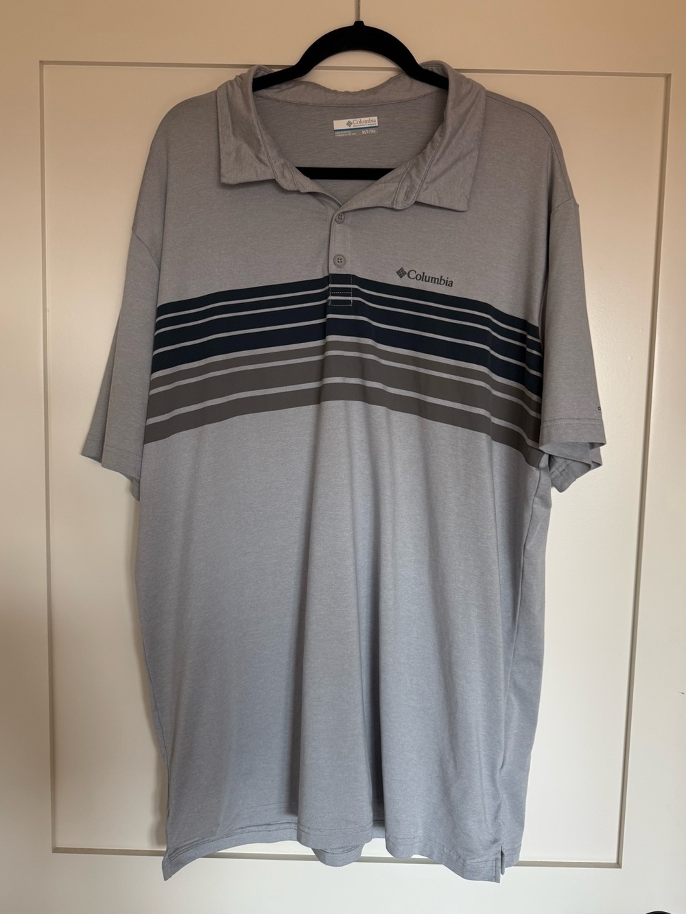 Columbia Light Gray Polo with Navy and Dark Gray Stripes
